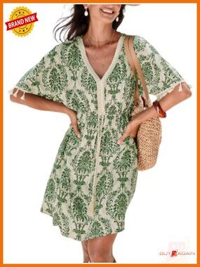 Tassel Trim V Neck Lace Short Sleeve Paisley Boho Mini Sundress